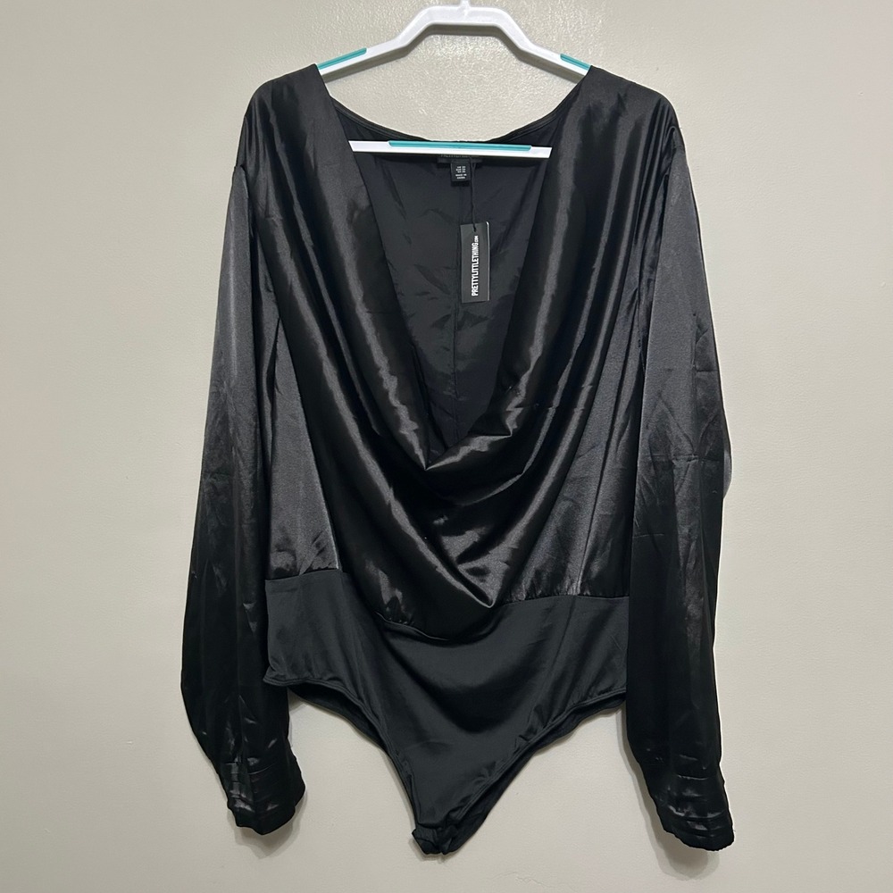 Express Black Satin Drape-Neck Bodysuit